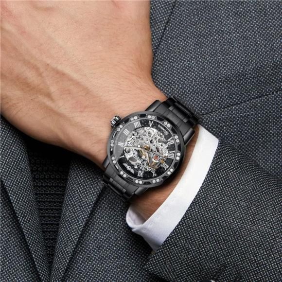 Retro Manual Mechanical Skeleton Watch with Diamond& Carving Flower, BlackSilver - Picture 4 of 6